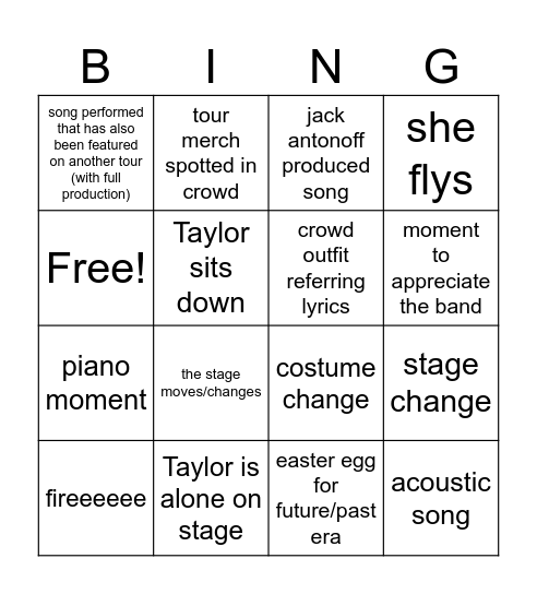 Taylor Swift Reputation Tour Bingo Card