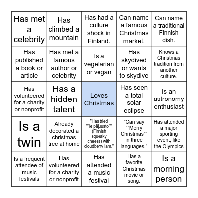 Pikkujoulu bingo Card