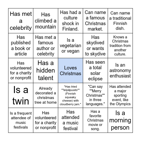 Pikkujoulu bingo Card