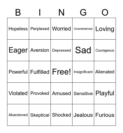 Feelings ID Bingo Card