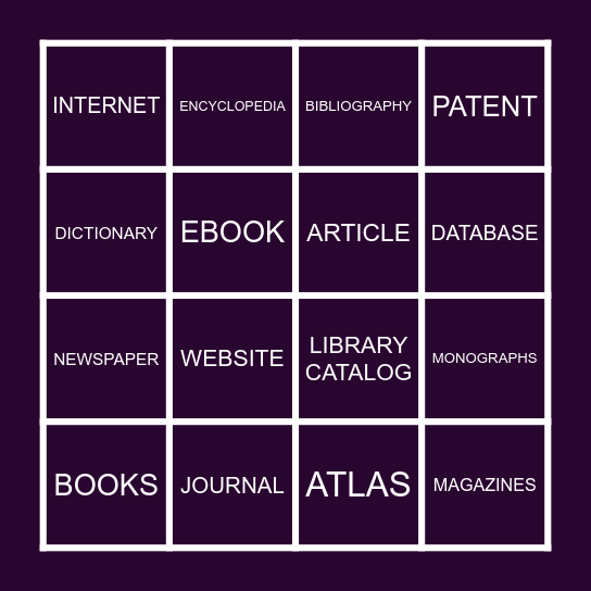 TYPES OF INFORMATION SOURCES Bingo Card
