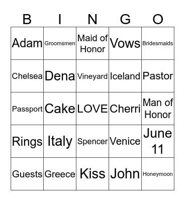 Bridal Bingo Card