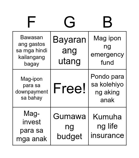 Financial Goals Bingo Card
