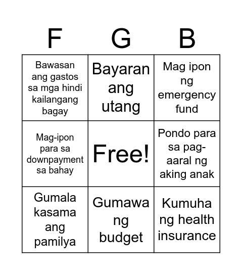 Financial Goals Bingo Card
