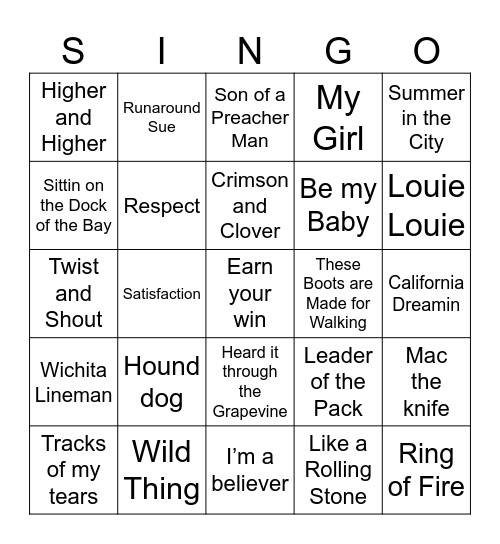 60s Top 100 Bingo Card