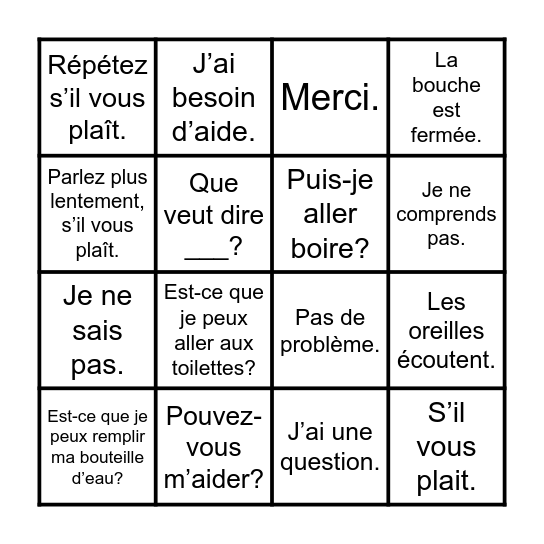 Les expressions utiles (en francais) Bingo Card