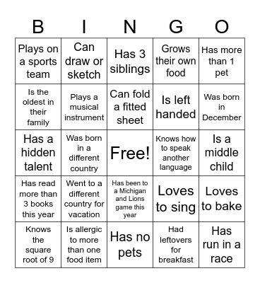 Get to know you Friday Bingo Card