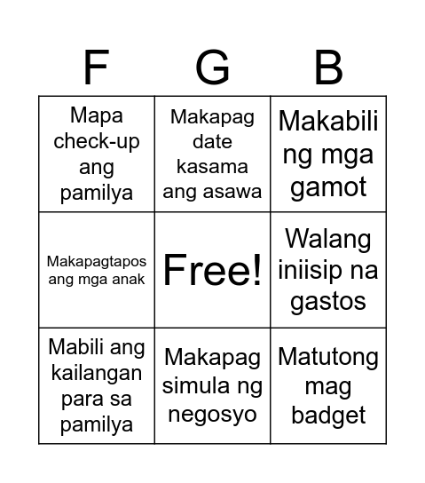 Financial Goals Bingo Card