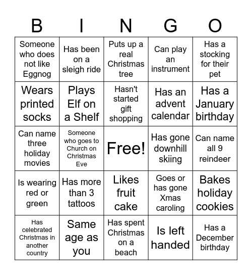 Christmas Jingle Mingle Bingo Card