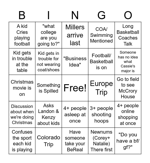 Newnum Family Thanksgiving Bingo Card