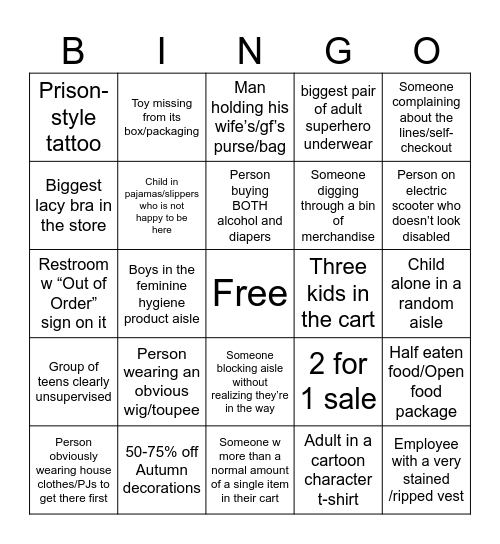 Walmart Bingo Card