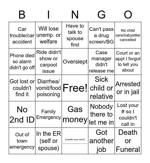 Lame Excuse Bingo Card