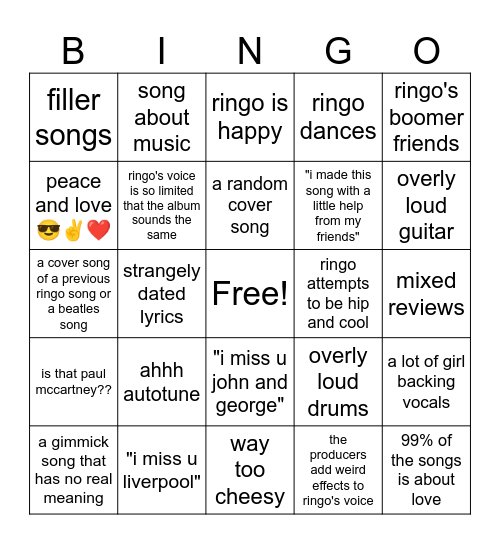 Ringo Starr New Album Bingo Card