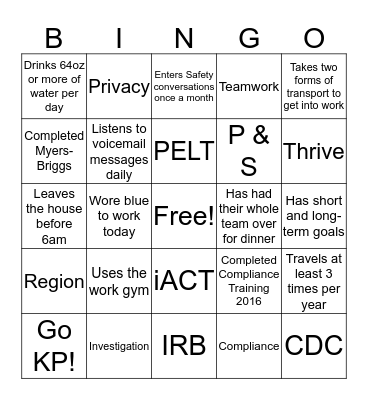 Regional Compliance Bingo Card