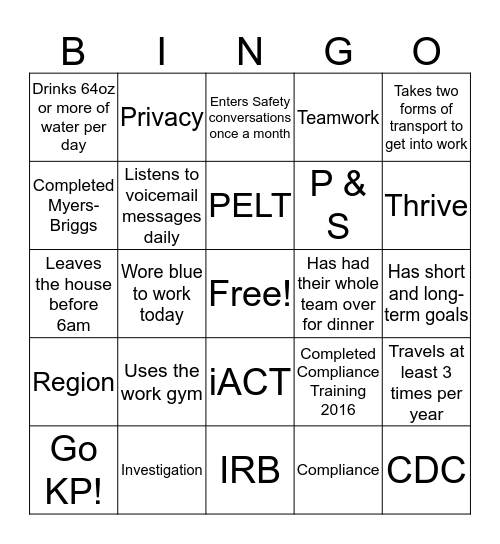 Regional Compliance Bingo Card