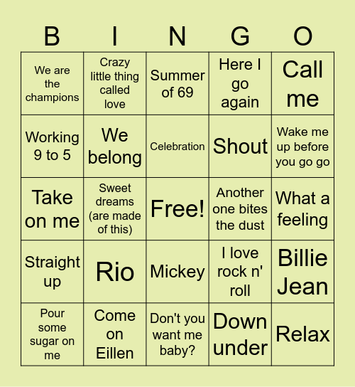 80's SINGO Bingo Card