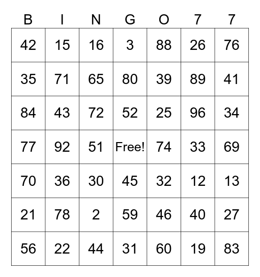 bingo 1-98 7x7 grid Bingo Card