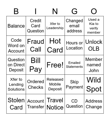 Contact Center Bingo Card