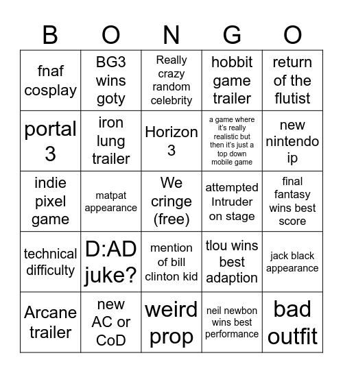 Game awards 2023 Bingo Card