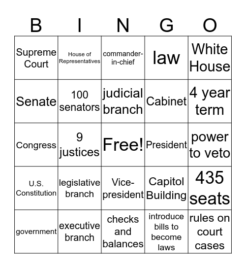 The Three Branches of Government Bingo Card