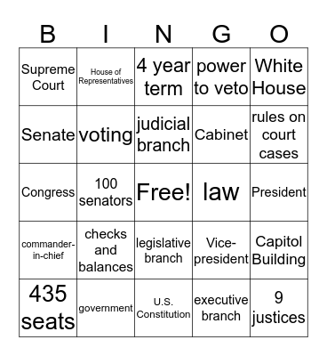 The Three Branches of Government Bingo Card