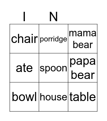 Goldilocks and the three bears Bingo Card