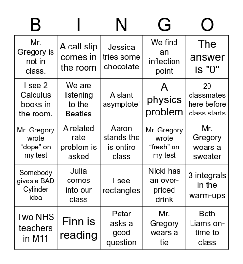 Calculus Bingo Card