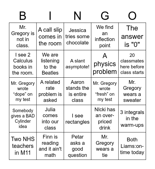 Calculus Bingo Card