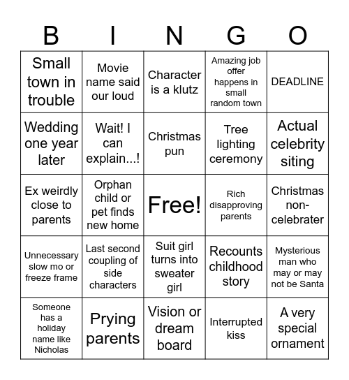 Hallmark Movie Bingo Card