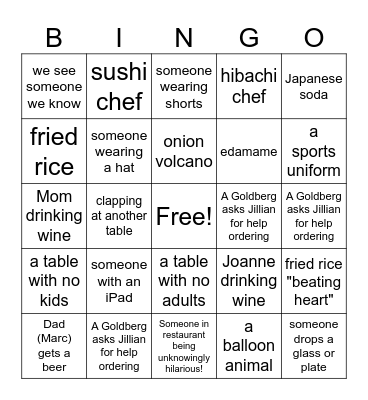 Hibachi Bingo Card