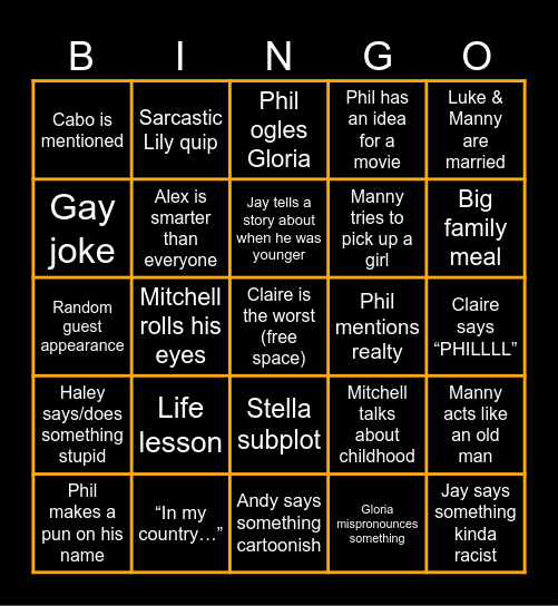 Modern Family Bingo Card