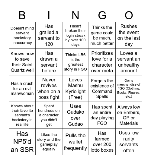 F Bingo Card