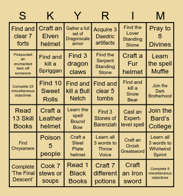 Skyrim Bingo Run Bingo Card