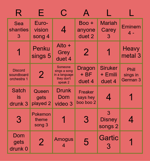 Recall 2023 Winter Karaoke Bingo Card