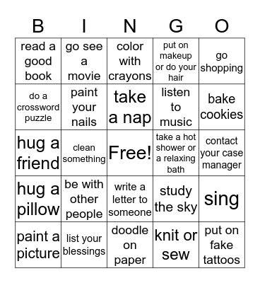 Coping Skills Bingo Card