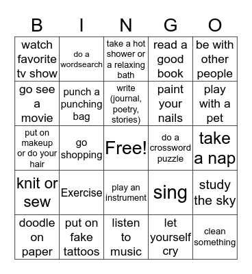 Coping Skills Bingo Card