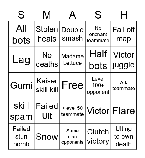 Smash Legends Bingo Card