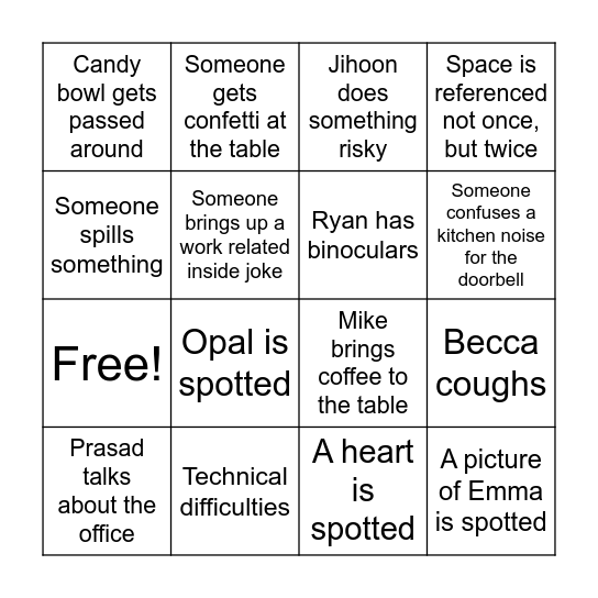 Fall Internship Recap Bingo Card