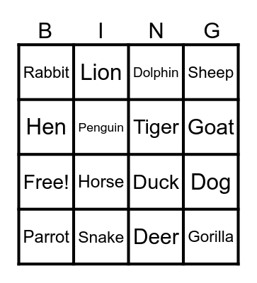 Animal Kingdom Bingo Card