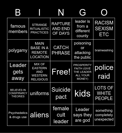 Cult Bingo Card