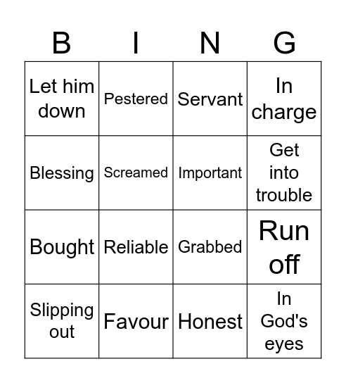 Joseph and Potiphar's Wife Bingo Card