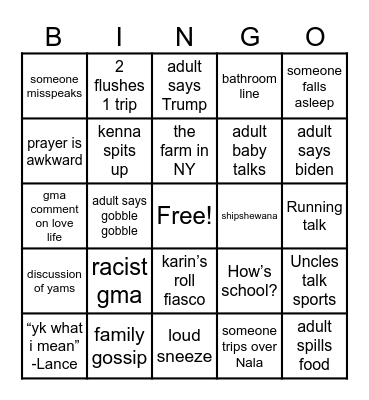 Cousin’s Thanksgiving BINGO Card