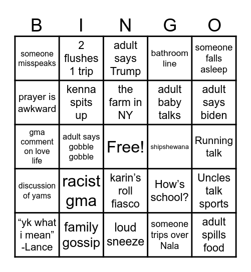 Cousin’s Thanksgiving BINGO Card