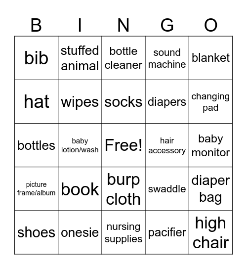 Baby Avery Bingo Card