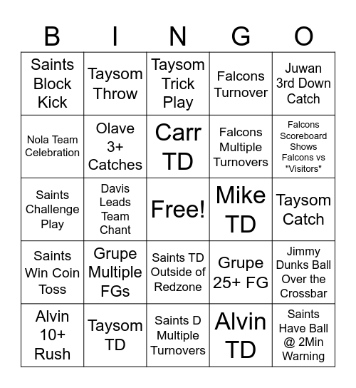 Saints v Falcons 23 Bingo Card