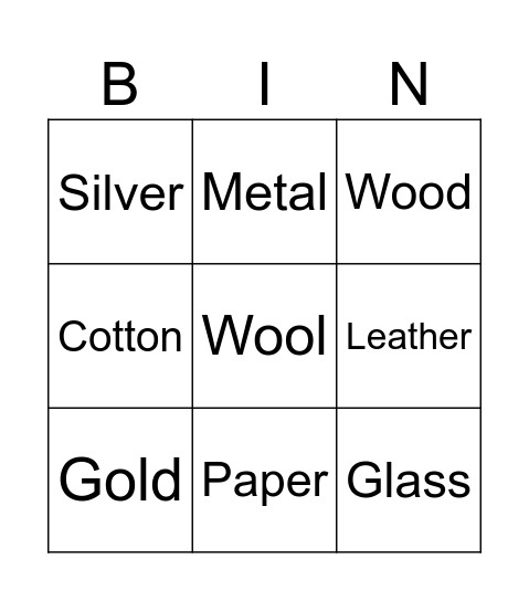 Materials Bingo Card