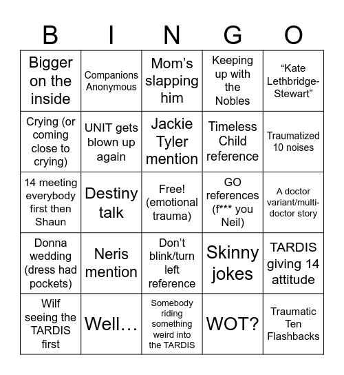 Doctor Who Bingo Card