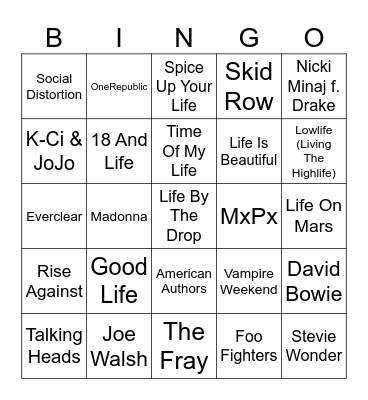 Life Songs Bingo Card