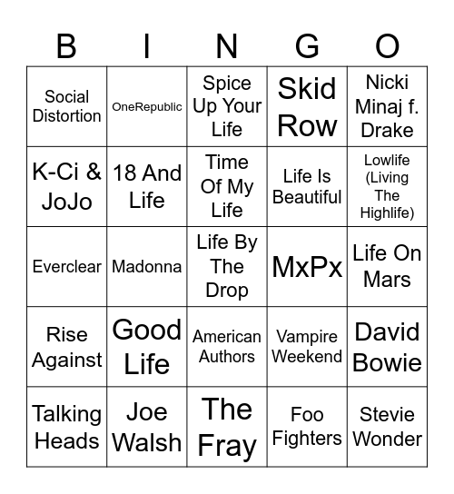 Life Songs Bingo Card