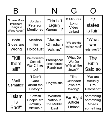 Israeli Argument Bingo Card